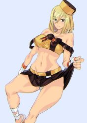 Rule 34 | 1girl, ashiomi masato, blonde hair, blue eyes, breasts, closed mouth, fingerless gloves, gloves, groin, guilty gear, guilty gear xrd, hat, looking at viewer, medium hair, millia rage, navel, panties, simple background, skirt, solo, underwear