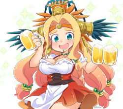 Rule 34 | 1girl, :d, alcohol, alternate costume, aztec, bare arms, bead necklace, beads, beer, beer mug, blonde hair, blush, breasts, cleavage, collarbone, cowboy shot, cup, dirndl, dress, eyebrows, fate/grand order, fate (series), feathers, fingernails, german clothes, green eyes, green nails, hair beads, hair intakes, hair ornament, headband, headdress, holding, holding mug, jewelry, large breasts, long hair, low-tied long hair, mug, nail polish, necklace, open mouth, quetzalcoatl (fate), short sleeves, simple background, smile, solo, sparkle, thighs, tsukko (3ki2ne10), twitter username, very long hair, white background