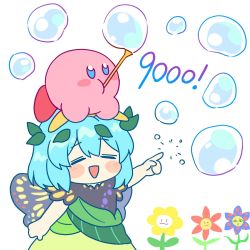 Rule 34 | 1girl, 1other, antennae, aqua hair, blue flower, blush, blush stickers, butterfly wings, crossover, dress, eternity larva, fairy, flower, green dress, hair between eyes, hair ornament, highres, insect wings, kaoling, kirby, kirby (series), leaf hair ornament, mixed-language commentary, multicolored clothes, multicolored dress, nintendo, open mouth, pointing, red flower, short hair, short sleeves, simple background, sketch, smile, touhou, white background, wings, yellow flower