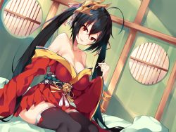 Rule 34 | 1girl, :d, ahoge, arm support, azur lane, bare shoulders, bed sheet, black hair, black thighhighs, blush, breasts, cleavage, collarbone, cover, crossed bangs, hair between eyes, hair ribbon, highres, indoors, japanese clothes, kimono, large breasts, long hair, long sleeves, looking at viewer, mask, mask on head, off shoulder, on bed, open mouth, pillow, red eyes, red kimono, red ribbon, ribbon, sitting, smile, solo, taihou (azur lane), thighhighs, thighs, twintails, unacchi (nyusankin), very long hair, wide sleeves