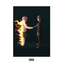 Rule 34 | 2girls, album cover, black pantyhose, black skirt, bocchi the rock!, border, brown footwear, burning, cover, cube hair ornament, fire, from side, gotoh hitori, hair ornament, handshake, holding hands, jacket, loafers, long hair, long sleeves, miniskirt, mole, mole under eye, multiple girls, pants, pantyhose, parody, pink floyd, pink hair, pink jacket, pink pants, pink track suit, pleated skirt, pocket square, purple hair, sappyark, school uniform, shimokitazawa high school uniform, shoes, skirt, standing, track jacket, white border, wish you were here, yamada ryo