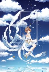 Rule 34 | 1girl, bad id, bad twitter id, blue sky, brown hair, cardcaptor sakura, closed mouth, cloud, day, detached collar, dress, from side, green eyes, highres, kinomoto sakura, looking at viewer, outdoors, picture frame, pillo, reflection, short hair, sitting, sky, smile, solo, white dress, wings