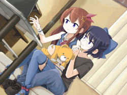 Rule 34 | 2girls, a-chan (hololive), ankimo (tokino sora), black skirt, blue vest, bow, brown eyes, brown hair, computer, dutch angle, flat chest, glass table, glasses, hair bow, hair ornament, hololive, laptop, multiple girls, pleated skirt, purple eyes, purple hair, shirt, sitting, sitting on lap, sitting on person, sixten, skirt, star (symbol), star hair ornament, stuffed animal, stuffed toy, t-shirt, table, teddy bear, thighhighs, tokino sora, tokino sora (1st costume), vest, virtual youtuber