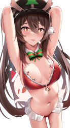 Rule 34 | 1girl, :p, antlers, armpits, arms up, bikini, boo tao (genshin impact), bow, breasts, brown hair, candy, candy cane, christmas, food, frilled bikini, frills, fur collar, genshin impact, green bow, hat, highres, hitodama, horns, hu tao (genshin impact), long hair, looking at viewer, low twintails, navel, pom pom (clothes), porkpie hat, red eyes, reindeer antlers, santa bikini, skai kun, small breasts, solo, stomach, striped, striped bow, swimsuit, symbol-shaped pupils, tongue, tongue out, twintails, very long hair