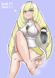 Rule 34 | 1girl, absurdres, barefoot, blonde hair, blush, creatures (company), crossed legs, feet, game freak, green eyes, highres, holding, holding shoes, long hair, looking at viewer, lusamine (pokemon), md5 mismatch, nintendo, pokemon, pokemon sm, resolution mismatch, shoes, single shoe, soles, steam, toes, unworn shoes
