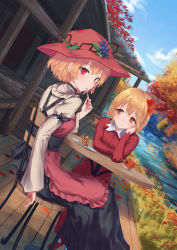 Rule 34 | 2girls, aki minoriko, aki shizuha, apron, arm ribbon, autumn, beige shirt, black ribbon, black skirt, blonde hair, blue sky, blush, building, chair, cloud, commentary request, cup, day, dress, dutch angle, feet out of frame, food, food-themed hair ornament, from behind, grape hair ornament, hair ornament, hand up, hat, highres, holding, holding spoon, juliet sleeves, leaf hair ornament, long sleeves, looking at viewer, looking back, mont blanc (food), mug, multiple girls, outdoors, plate, puffy sleeves, red apron, red dress, red eyes, red footwear, red hat, ribbon, roke (taikodon), shoes, short hair, siblings, sisters, sitting, skirt, sky, spoon, stream, touhou, water, wooden floor