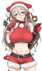 1girl alternate_costume belt black_belt bottle breasts brown_eyes christmas_stocking christmas_tree christmas_wreath cowboy_shot fur-trimmed_gloves fur-trimmed_shorts fur_trim gloves grey_hair hair_between_eyes halter_shirt halterneck hat highres kantai_collection large_breasts long_hair looking_at_viewer midriff mob_cap navel pola_(kancolle) red_gloves red_shirt red_shorts shirt shorts simple_background smile solo toriniku_senshi_chikinman white_background wine_bottle wreath