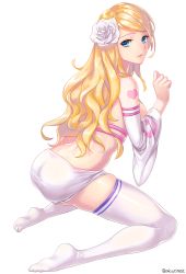 Rule 34 | 00s, 1girl, aken, ass, blonde hair, blue eyes, breasts, detached sleeves, dungeon and fighter, female slayer (dungeon and fighter), flower, from behind, full body, hair flower, hair ornament, heart, heart tattoo, highres, kneeling, long hair, looking at viewer, looking back, medium breasts, original, panties, parted lips, signature, simple background, solo, tattoo, topless, underwear, very long hair, white background, white flower, white legwear, white panties