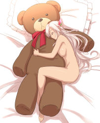 Rule 34 | 1girl, bed, blush, braid, breasts, closed eyes, completely nude, female focus, flower, flower knight girl, frilled pillow, frills, hair flower, hair ornament, hug, large breasts, long hair, lying, monety, nude, hugging object, on side, pillow, red ginger (flower knight girl), silver hair, single braid, sleeping, solo, stuffed animal, stuffed toy, teddy bear, very long hair