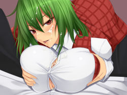 Rule 34 | 1girl, akitsuki karasu, blush, breast hold, breasts, clothed sex, cum, cum on body, cum on clothes, cum on upper body, facial, green hair, kazami yuuka, large breasts, licking lips, naughty face, paizuri, paizuri under clothes, penis, penis under another&#039;s clothes, pov, red eyes, short hair, solo focus, tongue, tongue out, touhou, uncensored
