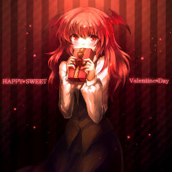 Rule 34 | 1girl, bat wings, blush, bow, box, covering face, covering own mouth, covering privates, dress shirt, embodiment of scarlet devil, english text, female focus, gift, gift box, happy valentine, head wings, heart, koakuma, long hair, long sleeves, necktie, onimaru gonpei, red eyes, red hair, ribbon, shirt, skirt, skirt set, solo, striped, striped background, touhou, valentine, vest, white shirt, wings
