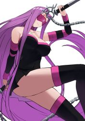 Rule 34 | 1girl, bare shoulders, blindfold, breasts, cleavage, detached sleeves, dress, fate/stay night, fate (series), highres, holding, holding weapon, large breasts, long hair, medusa (fate), medusa (rider) (fate), purple hair, reibun (raven1119), solo, strapless, strapless dress, thighhighs, very long hair, weapon