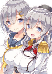 Rule 34 | 10s, 2girls, :d, bad id, bad pixiv id, beret, between breasts, blue eyes, blush, breast hold, breasts, buttons, epaulettes, frilled sleeves, frills, grey eyes, hair ornament, hair over one eye, hairclip, hamakaze (kancolle), hat, jacket, kantai collection, kashima (kancolle), kerchief, large breasts, looking at viewer, military, military uniform, multiple girls, neckerchief, open mouth, sailor collar, school uniform, serafuku, short hair, silver hair, simple background, smile, twintails, uniform, wavy hair, white background, yellow neckerchief, yuzu-aki