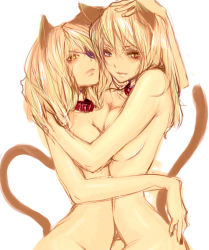 Rule 34 | 2girls, animal ears, blonde hair, breast press, breasts squeezed together, breasts, cat ears, cat tail, collar, eyepatch, goshiki suzu, heterochromia, monochrome, multiple girls, naughty face, nude, siblings, sisters, slit pupils, symmetrical docking, tail, twins, yuri
