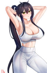 Rule 34 | 1girl, alternate costume, armpits, arms behind head, artist name, azur lane, black hair, blush, breasts, choister, cleavage, closed mouth, collarbone, covered navel, feet out of frame, green eyes, gym uniform, highres, indomitable (azur lane), large breasts, lips, long hair, looking at viewer, pants, ponytail, presenting armpit, solo, sports bra, sportswear, standing, sweat, very long hair, white background, white sports bra, yoga pants