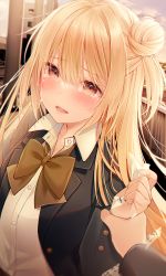 Rule 34 | 1girl, absurdres, black jacket, blazer, blonde hair, blush, bow, bowtie, brown bow, brown bowtie, building, buttoned cuffs, buttons, clenched hand, cloud, collared shirt, crying, crying with eyes open, highres, holding, huge filesize, jacket, kuro namako, long hair, long sleeves, open mouth, original, outdoors, school uniform, shirt, sky, solo, tears, white shirt, yellow eyes