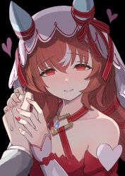 Rule 34 | 1girl, animal ears, blush, brown hair, collarbone, commentary request, dark background, enumiyaa, hair between eyes, hair ornament, heart, highres, holding hands, horse ears, horse girl, long hair, looking at viewer, open mouth, pov, pov hands, red eyes, solo, still in love (umamusume), sweat, umamusume, veil