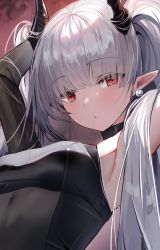 Rule 34 | 1girl, :o, arknights, armpits, arms up, black dress, blunt bangs, blush, breasts, chained sarkaz girl, cropped, dress, earrings, grey hair, horns, jewelry, long hair, looking at viewer, medium breasts, parted lips, pointy ears, red eyes, shanguier, solo, twintails, upper body, very long hair