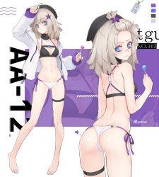 Rule 34 | 1girl, aa-12 (girls&#039; frontline), adapted costume, ahoge, alternate hairstyle, arm up, ass, bags under eyes, bare legs, barefoot, beret, bikini, blue eyes, breasts, bright pupils, buckle, candy, character name, closed mouth, commentary, dan (kumadan), dimples of venus, food, from behind, full body, girls&#039; frontline, gluteal fold, hair ornament, hat, highres, hood, hooded jacket, hoodie, jacket, legs apart, light brown hair, lollipop, looking at viewer, looking back, md5 mismatch, medium breasts, medium hair, multiple views, nail polish, navel, open clothes, open jacket, revision, side-tie bikini bottom, simple background, small breasts, snap-fit buckle, standing, stomach, swimsuit, thigh strap, toenail polish, toenails, white background
