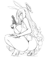 Rule 34 | 1girl, akane (blue archive), akane (bunny) (blue archive), animal ears, ass, berserkert, blue archive, breasts, glasses, gun, halo, handgun, high heels, highres, large breasts, leotard, long hair, looking back, playboy bunny, rabbit ears, rabbit tail, sketch, squatting, tail, trigger discipline, weapon, white background