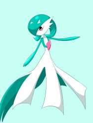 Rule 34 | 1girl, arm up, blue background, bob cut, colored skin, creatures (company), female focus, flat chest, full body, game freak, gardevoir, gen 3 pokemon, green skin, hair over one eye, highres, looking to the side, multicolored skin, nintendo, no mouth, one eye covered, pokemon, pokemon (creature), red eyes, rve, short hair, simple background, solo, standing, two-tone skin, white skin