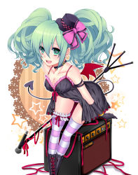 Rule 34 | 1girl, amplifier, babydoll, bad id, bad pixiv id, boots, breasts, choker, cleavage, demon tail, demon wings, elbow gloves, frilled thighhighs, frills, gloves, green eyes, green hair, hat, hatsune miku, leaning forward, matching hair/eyes, mi (liki1020), microphone, microphone stand, open mouth, solo, striped clothes, striped thighhighs, tail, thighhighs, vocaloid, wings
