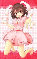 Rule 34 | 1girl, absurdres, akakabu (obsidian910), animal, animal ears, black hair, blush, carrot, carrot necklace, dress, highres, holding, holding animal, inaba tewi, looking at viewer, necklace, open mouth, pink dress, rabbit, rabbit ears, red eyes, short hair, short sleeves, smile, solo, suigetsu (watermoon-910), touhou