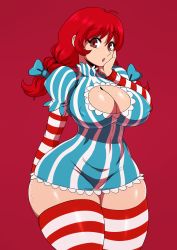 Rule 34 | 1girl, :o, breasts, cleavage, cleavage cutout, clothing cutout, covered erect nipples, covered navel, curvy, dress, eric lowery, freckles, highres, large breasts, product girl, red eyes, red hair, solo, striped clothes, striped dress, striped thighhighs, tagme, thick thighs, thighhighs, thighs, twintails, wendy&#039;s, wendy (wendy&#039;s), wide hips, zettai ryouiki
