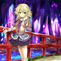 Rule 34 | 1girl, arm warmers, black shirt, black skirt, blonde hair, breasts, bridge, brown jacket, city lights, commentary request, feet out of frame, green eyes, hair between eyes, half updo, highres, ikazuchi akira, jacket, looking at viewer, medium breasts, mizuhashi parsee, multicolored clothes, multicolored jacket, open mouth, pointy ears, river, sash, scarf, shirt, short hair, skirt, socks, solo, touhou, water, white sash, white scarf, white socks