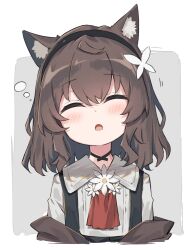 Rule 34 | 1girl, animal ears, ascot, black vest, brown hair, cat ears, cat girl, clothes down, collared shirt, commentary, hairband, highres, kurioshi fio, original, red ascot, satou (3366 s), shirt, short hair, sleeping, sleeping upright, symbol-only commentary, upper body, vest, white shirt, wing collar