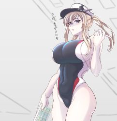 Rule 34 | 1girl, blonde hair, breasts, competition swimsuit, cowboy shot, curvy, from below, graf zeppelin (kancolle), hair over shoulder, hat, highres, huge breasts, japanese text, kantai collection, long hair, looking at viewer, looking down, one-piece swimsuit, peaked cap, purple eyes, shiny clothes, shiny skin, sidelocks, solo, standing, stylus, swimsuit, tablet pc, thick thighs, thighs, twintails, umauma (trggercross), wide hips
