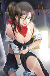 Rule 34 | 1girl, :d, bandana, bare shoulders, black hair, breasts, cleavage, clothes around waist, earrings, gloves, green eyes, grin, gs soldier, hair between eyes, hand on own hip, holding, jacket, jacket around waist, jewelry, long hair, lowres, midriff, navel, open mouth, ponytail, sleeves rolled up, smile, solo, sword girls, tyuhus, wrench