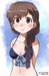 Rule 34 | 1girl, arms behind back, artist name, bikini, blue background, blue bikini, blush, bow, bow bikini, braid, breasts, brown eyes, brown hair, cleavage, closed mouth, commentary, dated, girls und panzer, hair ornament, hair over shoulder, hair tie, hairclip, highres, long hair, looking at viewer, medium breasts, navel, one-hour drawing challenge, osamada meika, rukuriri (girls und panzer), single braid, smirk, solo, swimsuit, upper body, v-shaped eyebrows