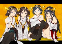 Rule 34 | 10s, 4girls, armpits, black hair, blue eyes, braid, brown hair, detached sleeves, frilled skirt, frills, glasses, hairband, haruna (kancolle), hexagon, hiei (kancolle), high heels, honeycomb background, honeycomb pattern, japanese clothes, kantai collection, kirishima (kancolle), kongou (kancolle), kurono yuu, letterboxed, light smile, looking at viewer, multiple girls, nontraditional miko, open mouth, pantyhose, parted lips, purple eyes, ribbon-trimmed sleeves, ribbon trim, siblings, signature, sisters, sitting, skirt, sleeves past wrists, smile, thighhighs, wide sleeves, yellow eyes, yukikaze (kancolle)