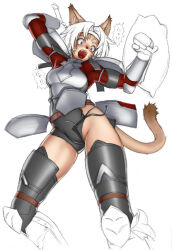 Rule 34 | 1girl, adventurer (ff11), animal ears, armor, black thighhighs, blue eyes, cat ears, cat girl, cat tail, commentary request, facial mark, final fantasy, final fantasy xi, gochou (kedama), headband, holding, holding shield, mithra (ff11), open mouth, shield, simple background, solo, tail, thighhighs, translated, whisker markings, white background