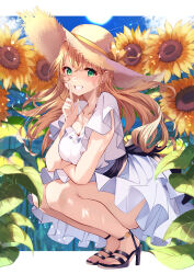 Rule 34 | 1girl, absurdres, bare legs, black footwear, blonde hair, breasts, cleavage, day, dress, flower, full body, green eyes, grin, hat, high heels, highres, large breasts, long hair, looking at viewer, original, outdoors, risumi (taka-fallcherryblossom), sandals, smile, solo, squatting, straw hat, sunflower, white dress