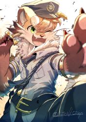 Rule 34 | 1boy, absurdres, animal ears, claws, commentary request, fang, furry, furry male, hat, highres, holding, holding sword, holding weapon, looking at viewer, male focus, one eye closed, open mouth, otter (housamo), otter boy, otter ears, over shoulder, pawpads, police, police hat, police uniform, sisualicon, sword, tokyo houkago summoners, twitter username, uniform, weapon, weapon over shoulder
