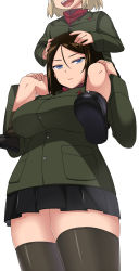 Rule 34 | 10s, 2girls, black hair, black socks, black thighhighs, blonde hair, blue eyes, breasts, carrying, frown, girls und panzer, head out of frame, highres, katyusha (girls und panzer), komusou (jinrikisha), large breasts, long hair, looking down, military, military uniform, multiple girls, nonna (girls und panzer), open mouth, piggyback, short hair, shoulder carry, simple background, smile, socks, thick thighs, thighhighs, thighs, uniform