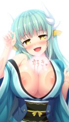 Rule 34 | 1girl, against glass, aqua hair, areola slip, blush, breast press, breasts, breasts on glass, condensation, fate (series), glass writing, hair ornament, heart, heart-shaped pupils, highres, hinata nao, horns, japanese clothes, kimono, kiyohime (fate), large breasts, long hair, looking at viewer, obi, open mouth, sash, simple background, smile, solo, symbol-shaped pupils, white background, window fog, yellow eyes