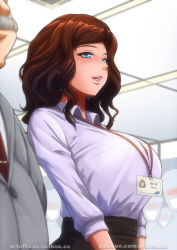 Rule 34 | 1boy, 1girl, artofhuan, black skirt, blue eyes, blush, breasts, brown hair, collared shirt, facial hair, formal, grey suit, highres, id card, indoors, lanyard, large breasts, mature female, medium hair, mole, mole under eye, mole under mouth, moriya meguri (artofhuan), mustache, office, office lady, open mouth, original, out of frame, pink lips, red neckwear, shirt, shirt tucked in, skirt, suit, white shirt