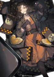 Rule 34 | akechi (826988799), belt, belt buckle, black gloves, black pantyhose, braces, brown coat, brown hair, buckle, candy, candy wrapper, coat, commentary, dress, english commentary, feet out of frame, food, from above, gloves, heart-shaped food, highres, holding, holding jar, in container, jar, long hair, long sleeves, looking at viewer, lying, on back, orange dress, orange eyes, oversized food, oversized object, pantyhose, parted lips, reaching, reaching towards viewer, reverse:1999, tooth fairy (reverse:1999), weibo watermark