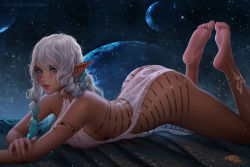 Rule 34 | 1girl, arched back, armband, ass, bare shoulders, barefoot, blue eyes, blue nails, braid, breasts, commentary, dark-skinned female, dark skin, dress, ear piercing, elf, feet, hair between eyes, hand on own arm, jewelry, large breasts, legs, lips, long hair, looking at viewer, lying, medium breasts, messy hair, multicolored hair, nail polish, night, night sky, on stomach, original, paid reward available, parted lips, pelvic curtain, piercing, pointy ears, prywinko, sky, soles, solo, tan, the pose, thighs, toes, white dress, white hair, wristlet
