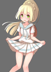 Rule 34 | 1girl, absurdres, bad id, bad pixiv id, bag, bare legs, blonde hair, blunt bangs, blush, braid, clothes lift, creatures (company), embarrassed, game freak, green eyes, grey background, highres, lillie (pokemon), long hair, looking at viewer, nintendo, open mouth, orihiro0614, pleated skirt, pokemon, pokemon sm, ponytail, ponytail with braided base, school uniform, serafuku, short sleeves, simple background, skirt, skirt lift, solo, wavy mouth