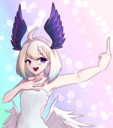 Rule 34 | 1girl, absurdres, ahoge, aqua hair, aqua nails, back cutout, braid, breasts, clothing cutout, commentary, dress, enna alouette, gradient background, hand on own chest, head wings, hexagon, highres, holykoshi, light brown hair, low wings, medium hair, middle finger, multicolored hair, nijisanji, nijisanji en, purple eyes, small breasts, solo, strapless, strapless dress, streaked hair, two-tone hair, upper body, virtual youtuber, wings