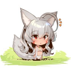 Rule 34 | 1girl, ahoge, animal ear fluff, animal ears, bare arms, bare shoulders, barefoot, blush, chibi, commentary request, dark-skinned female, dark skin, facial mark, fox ears, fox girl, fox tail, full body, grass, grey hair, hair between eyes, long hair, notice lines, on grass, original, parted lips, red eyes, solo, standing, tail, translation request, very long hair, white background, yuuji (yukimimi)