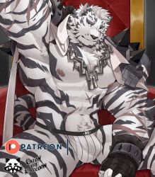 Rule 34 | 1boy, abs, absurdres, animal ears, arknights, armpit hair, armpits, bandaged hand, bandages, bara, bare pectorals, belt, black belt, bulge, chain, chain necklace, coat, coat on shoulders, furry, furry male, highres, jewelry, jockstrap, large pectorals, looking at viewer, male focus, male underwear, mountain (arknights), muscular, muscular male, navel, necklace, nipples, no pants, pants, pectorals, print male underwear, ratontheraccoon, scar, scar across eye, scar on arm, scar on chest, scar on face, selfie, short hair, sitting, smile, solo, spread legs, stomach, striped, thick thighs, thighs, throne, tiger boy, tiger ears, underwear, white fur, white hair, white male underwear, white pants