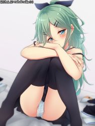 Rule 34 | 1girl, aqua eyes, black skirt, black thighhighs, crying, crying with eyes open, green hair, hair between eyes, hair ornament, hair ribbon, hairclip, highres, kantai collection, long hair, looking at viewer, nuka (nvkka), one-hour drawing challenge, panties, pantyshot, pleated skirt, ponytail, ribbon, skirt, solo, striped clothes, striped panties, tears, thighhighs, underwear, yamakaze (kancolle)