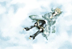 Rule 34 | 1boy, blonde hair, blue eyes, coat, from above, gradient background, headphones, headset, highres, kagamine len, lying, male focus, necktie, on back, outdoors, paraiso, short hair, shorts, snow, solo, vocaloid, white background