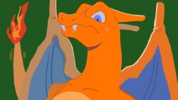 Rule 34 | blue eyes, charizard, closed mouth, collarbone, creatures (company), dragon, fangs, fangs out, flame-tipped tail, game freak, gen 1 pokemon, green background, highres, looking down, mo~zu, nintendo, no humans, pokemon, pokemon (creature), simple background, solo, sweatdrop