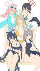 Rule 34 | 5girls, ahoge, animal ear fluff, animal ears, ayane (blue archive), ayane (swimsuit) (blue archive), backpack, bag, bikini, bikini skirt, black bikini, black hair, blue archive, blue bikini, blue eyes, blue jacket, blush, braid, breasts, cat ears, cleavage, closed eyes, closed mouth, covered navel, cross hair ornament, crown braid, eyewear on head, frilled bikini, frills, grey hair, groin, hair bobbles, hair ornament, halo, halterneck, hand on another&#039;s head, highres, hoshino (blue archive), hoshino (swimsuit) (blue archive), jacket, large breasts, long hair, looking at viewer, low twintails, multiple girls, navel, nonomi (blue archive), nonomi (swimsuit) (blue archive), one-piece swimsuit, open clothes, open jacket, open mouth, pink hair, pointy ears, red eyes, sandals, serika (blue archive), serika (swimsuit) (blue archive), shiroko (blue archive), shiroko (swimsuit) (blue archive), short hair, short twintails, shoulder bag, simple background, sitting, small breasts, smile, standing, sunglasses, swimsuit, towel, twintails, white background, white bikini, white jacket, yatsuka (846), yellow bikini, yellow eyes